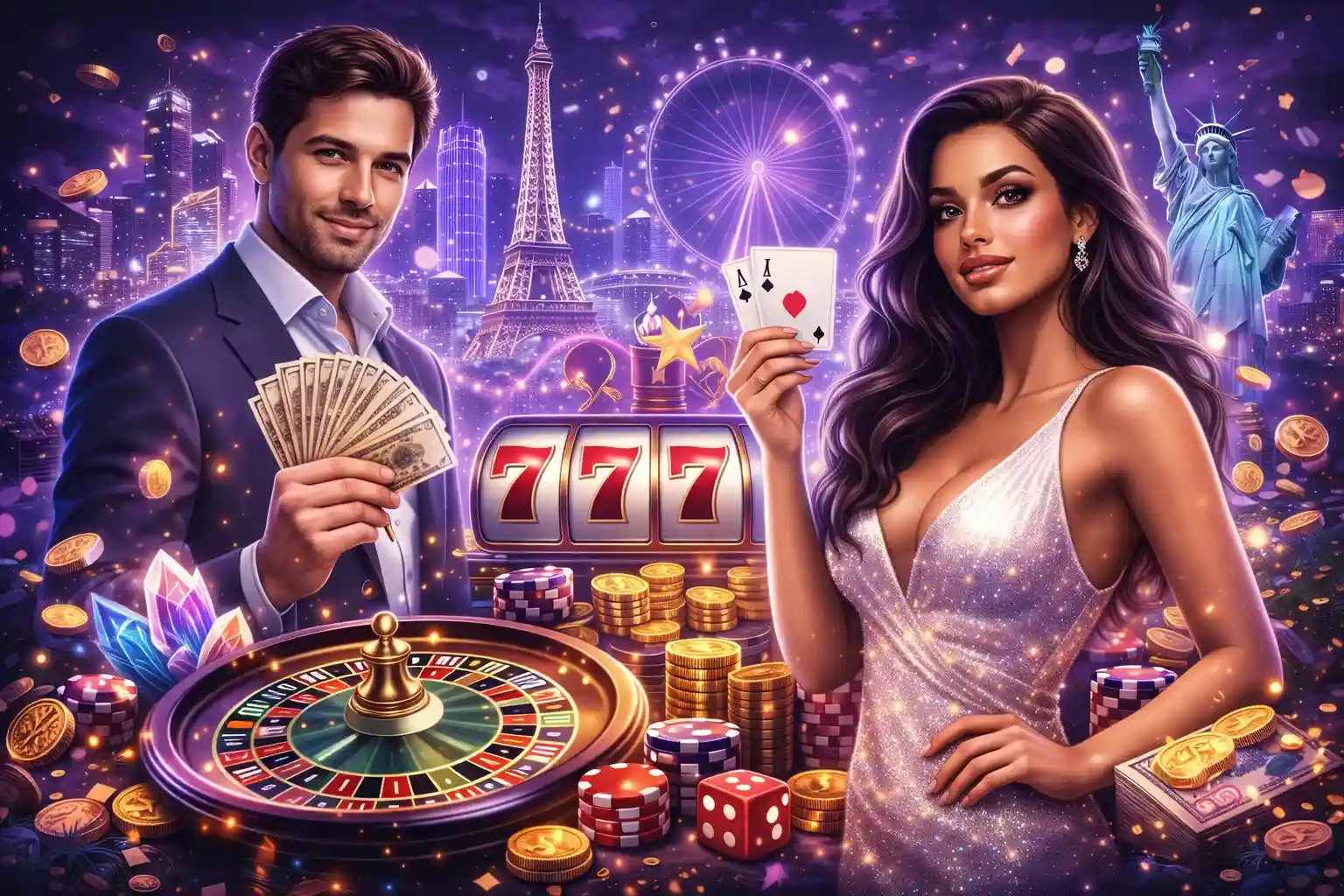 International online casino promotion with roulette, jackpot slots, and luxury players